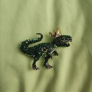 King T-Rex Rhinestone Crystal Dinosaur Brooch Green Gold